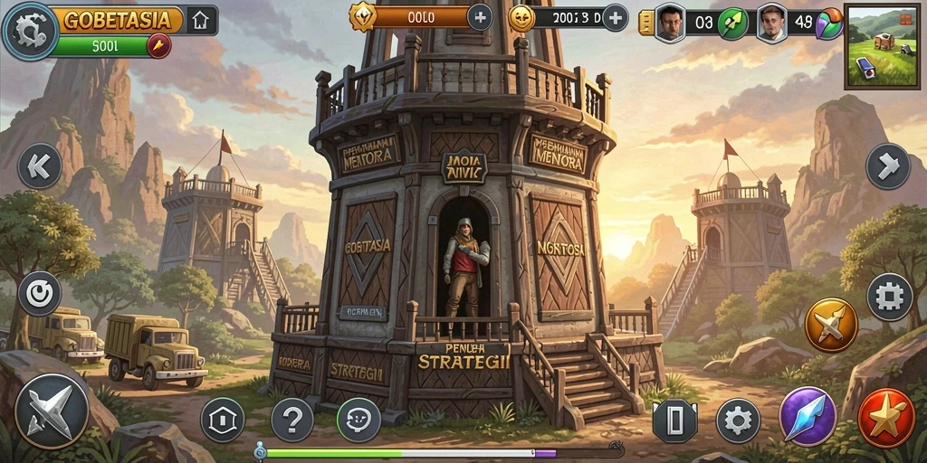 Screenshot gameplay GOBETASIA menunjukkan menara yang memukau dalam pertempuran.