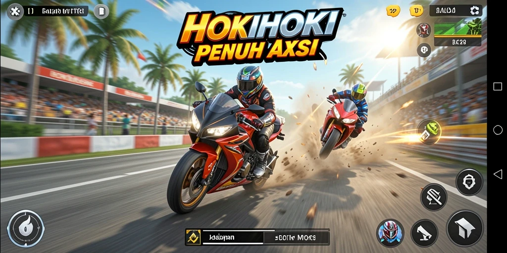 Screenshot gameplay HOKIHOKI menampilkan aksi balapan motor seru.