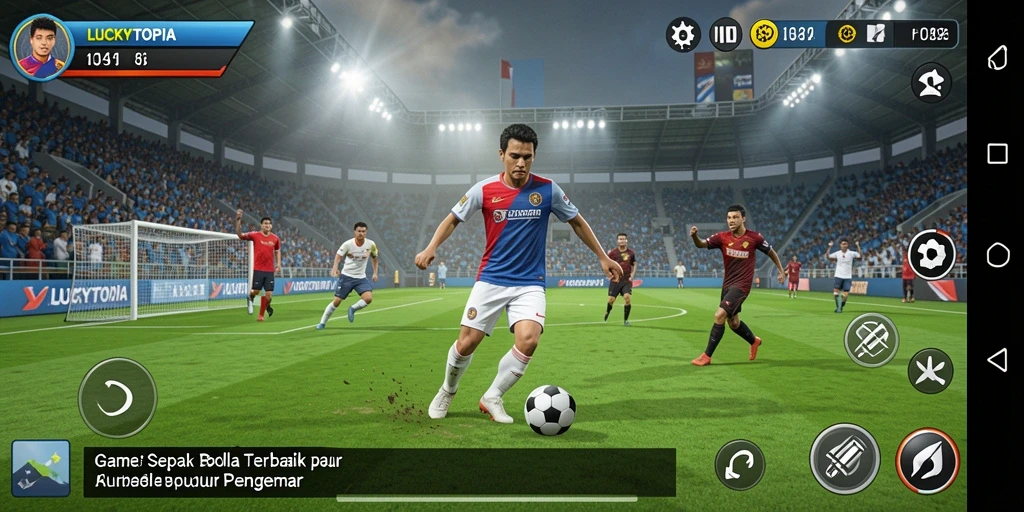 Tangkapan layar game LUCKYTOPIA yang menampilkan aksi seru sepak bola.