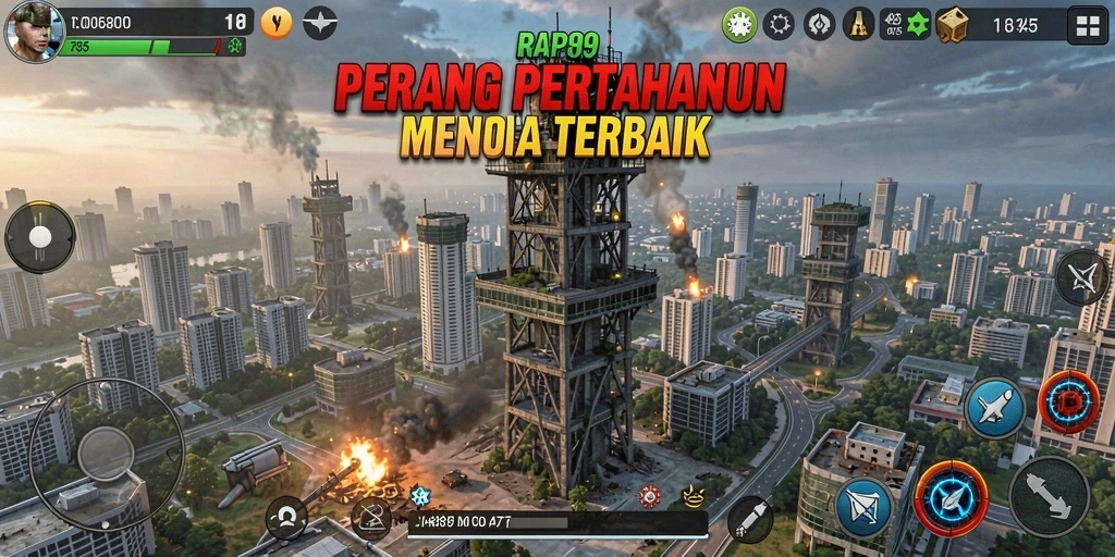 Tampilan menara pertahanan dan gelombang musuh dalam RAP89.