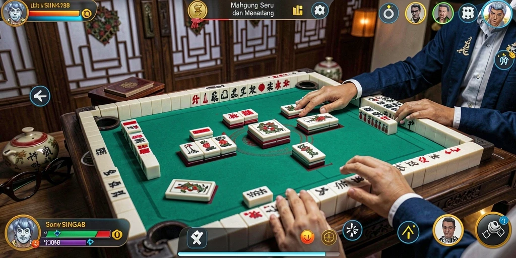 Tampilan gameplay SINGA8 dengan ubin Mahjong yang berwarna-warni.