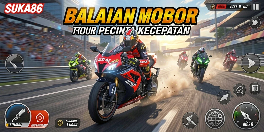 Tampilan gameplay seru balapan motor dalam SUKA86.